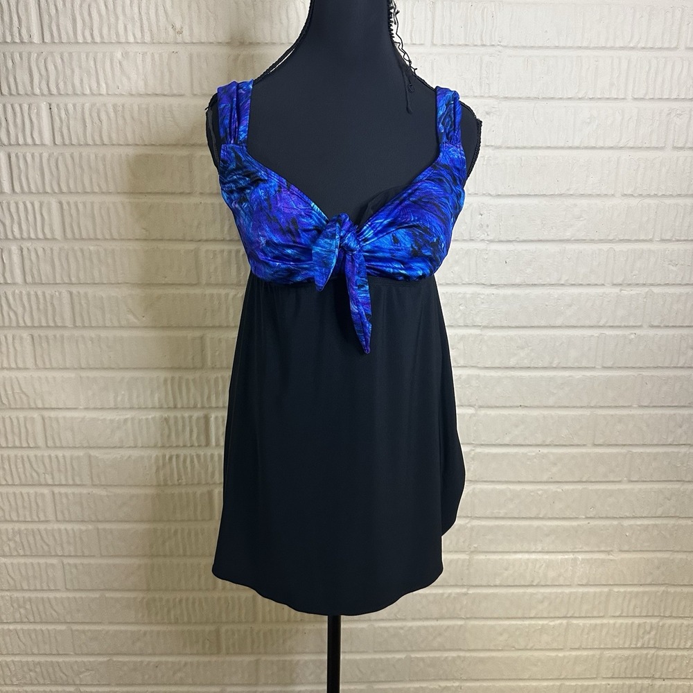Great Lengths One Piece Swimsuit Bra Lined Skirt Modest Blue Black Sz 10 Tie